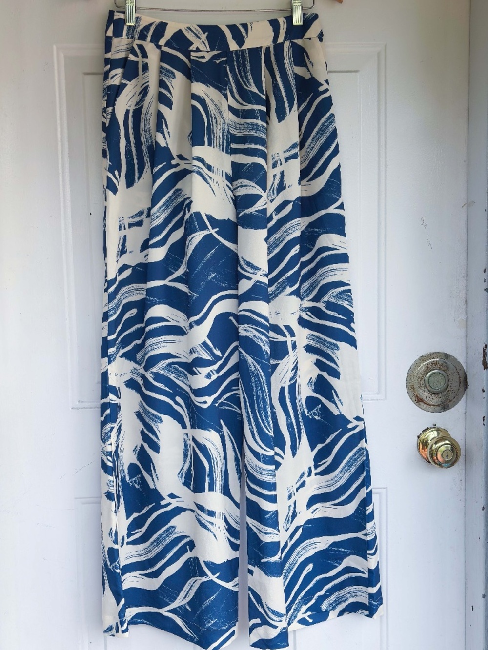 AMYY Studios Women's 165/70A Blue White Abstract Wide Leg Palazzo Pants Pleated